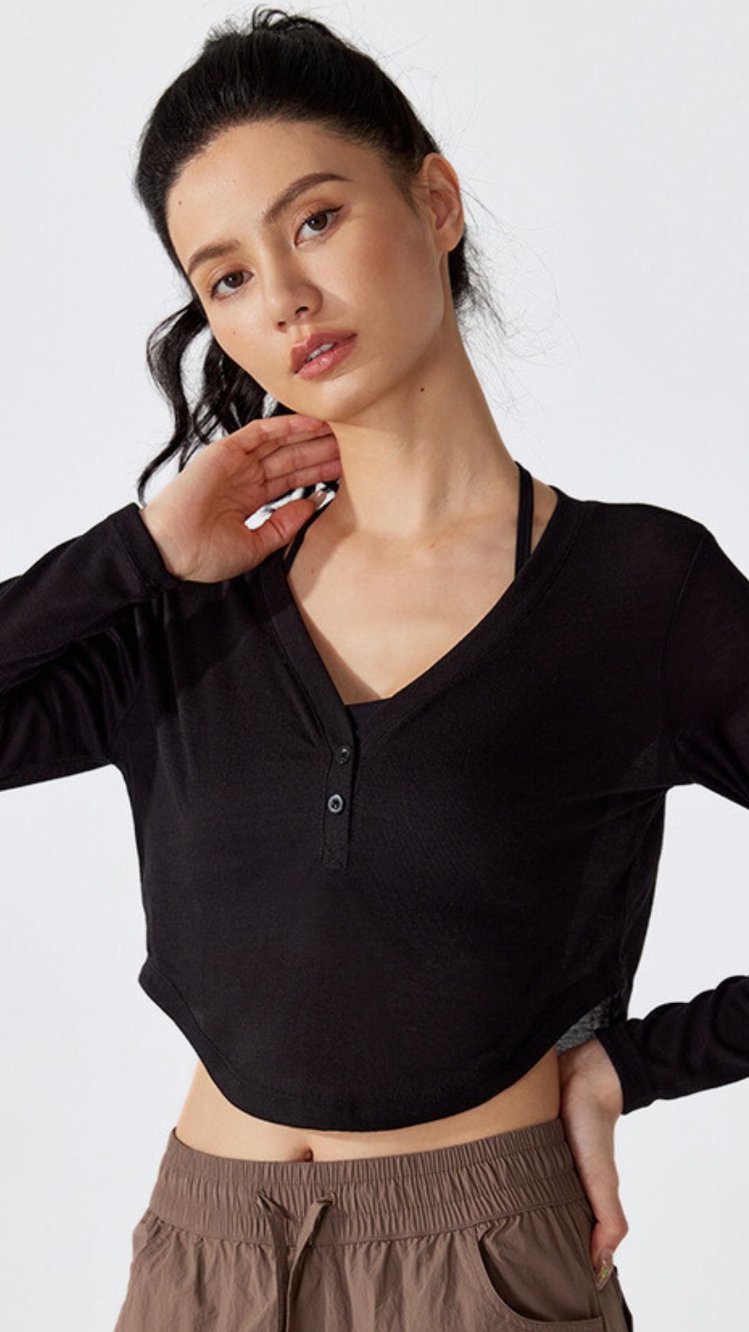 BreezyFit V-Neck Button Cropped Long Sleeve